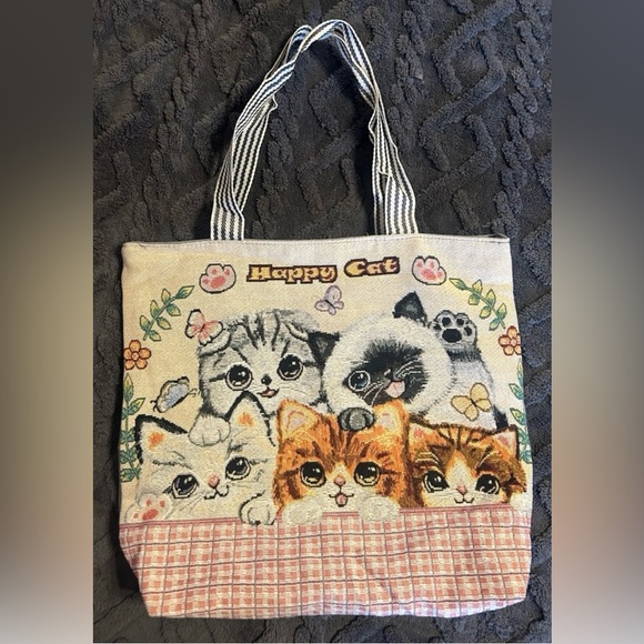 NEW “Happy Cat” Large Canvas Zip Tote Shopper Bag Cute Kittens Vintage Style - Picture 7 of 12